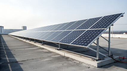 Long array of modern solar panels installed on urban rooftop generating renewable clean electricity with sustainable energy technology for eco-friendly power supply and green future concepts