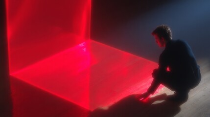 Wall Mural - A person explores a space with vibrant red lighting. The glowing cube creates an intriguing atmosphere. This artistic photo captures mystery and modern design. AI