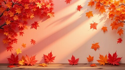 vibrant autumn leaves falling in warm sunlight with soft shadows
