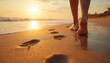 © Vadym - Person walks on sandy beach at sunset leaving footprints in wet sand. Gentle ocean waves wash ashore reflecting warm golden sunlight. This serene moment captures of summer vacation, peaceful travel.