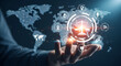 © abu - Hand Presenting Digital World Map with Scales of Justice in Blue Tone