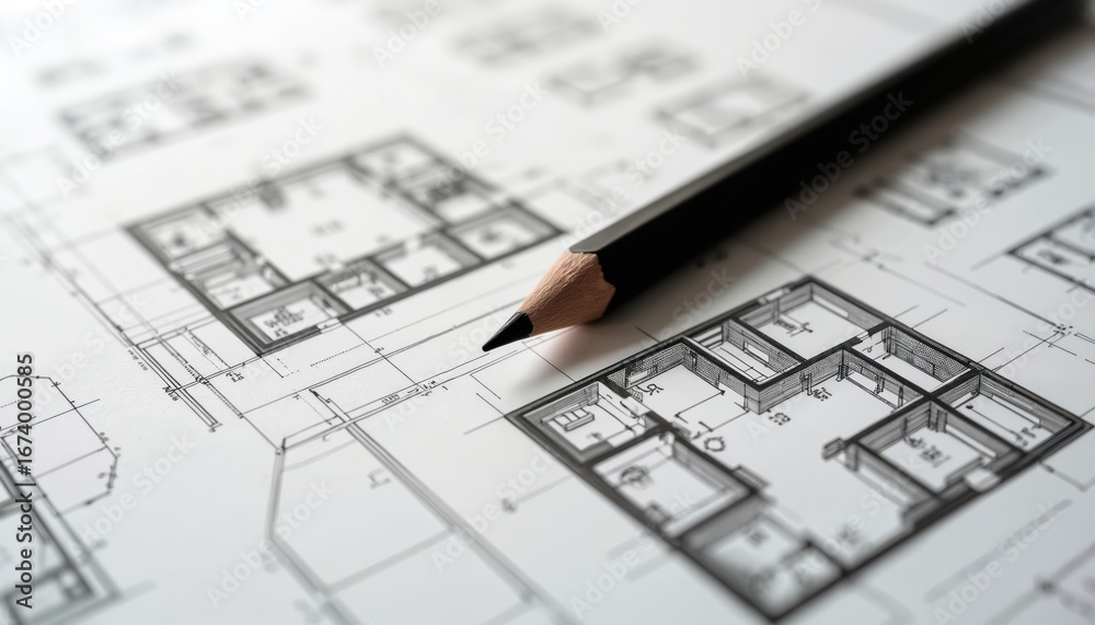 Architectural blueprints with floor plans and a pencil. Detailed ...