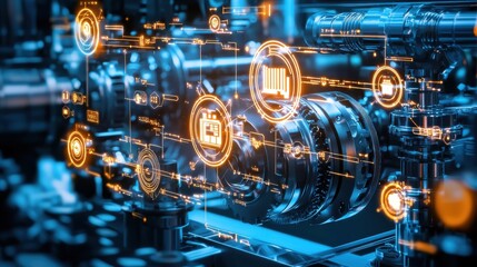 A complex illuminated control panel featuring an array of digital displays gears and mechanical components showcasing the advanced technology and engineering behind industrial hinery