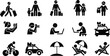 © Moury Creatives - Travel and vacation silhouette icon set featuring luggage, photography, remote work, cycling, beach relaxation, and family trip activities in vector style