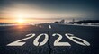 © haryeste - 2026' written on asphalt road stretches to horizon with sunrise