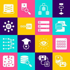 Wall Mural - Set Artificial intelligence robot, Binary code, Server, Data, Neural network, and icon. Vector
