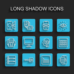Wall Mural - Set line Server, Data, Binary code, Neural network, Web developer programming, Cloud technology data transfer, Computer monitor, and Humanoid robot icon. Vector