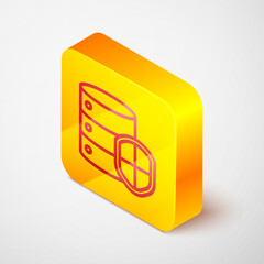 Wall Mural - Isometric line Server with shield icon isolated on grey background. Protection against attacks. Network firewall, router, switch, data. Yellow square button. Vector Illustration