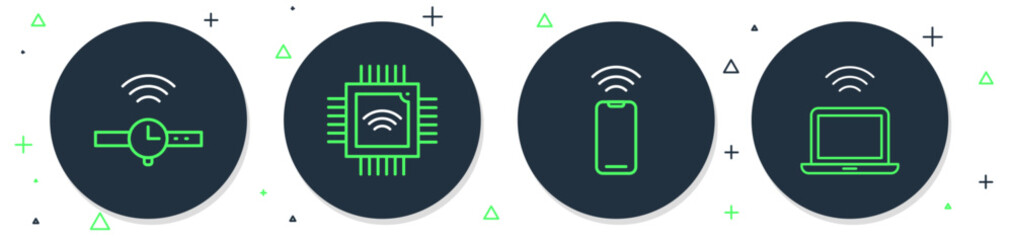 Wall Mural - set line processor with microcircuits cpu, wireless smartphone, smartwatch and laptop icon. vector