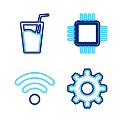 Wall Mural - Set line Cogwheel gear settings, Wi-Fi wireless network, Processor with CPU and Glass water icon. Vector