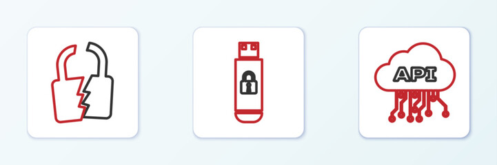 Wall Mural - Set line Cloud api interface, Broken or cracked lock and USB flash drive with icon. Vector