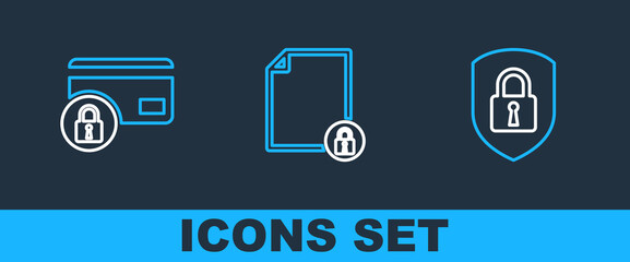 Wall Mural - Set line Shield security with lock, Credit card and Document and icon. Vector