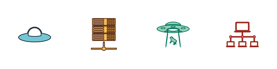 Wall Mural - Set UFO flying spaceship, Server, Data, Web Hosting, abducts cow and Computer network icon. Vector