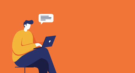 A person uses a laptop with a speech bubble, symbolizing online communication, chat, or customer support. Ideal for technology, business, or remote work concepts.