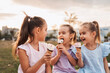 © Jelena - Three little girls enjoying ice cream cones together in a park