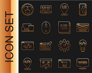 Wall Mural - Set line Web and graphic design, Front end development, UI or UX, Computer mouse, Monitor, mobile, tablet, RGB CMYK color mixing and icon. Vector