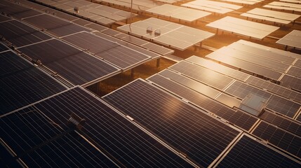 Solar panels arranged in a large array at sunset
