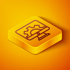 Wall Mural - Isometric line Software, web development, programming concept icon isolated on orange background. Programming language and program code on screen monitor. Yellow square button. Vector