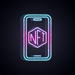 Wall Mural - Glowing neon line Mobile with art store app icon isolated on black background. Technology of selling NFT tokens for cryptocurrency. Non fungible token. Vector