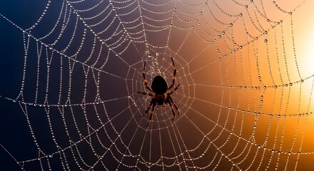Closeup of a spider on its dewcovered web, with a warm, blurred sunset in the background, highlighting intricate details and natural beauty