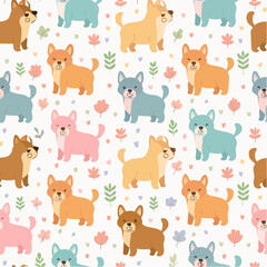  Adorable colorful dogs and flowers repeat in cheerful seamless pattern.