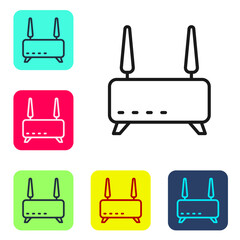 Wall Mural - black line router and wi-fi signal icon isolated on white background. wireless ethernet modem router