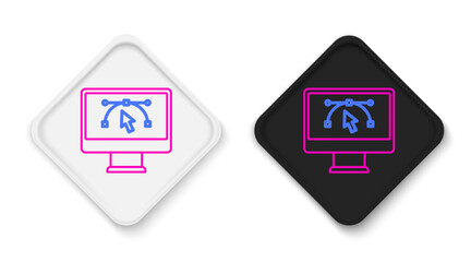 Line Computer display with vector design program icon isolated on isolated on white background. Photo editor software with user interface. Colorful outline concept. Vector