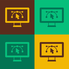 Pop art Computer display with vector design program icon isolated on isolated on color background. Photo editor software with user interface. Vector