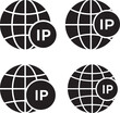 © MD - Four black silhouette icons of a globe with ip text isolated on white background