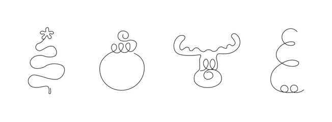 One line Christmas vector element isolated transparent. One line Christmas tree reindeer XMAS ball snowman. Perfect hand drawn object for Christmas poster greeting card cover design. Editable EPS 10