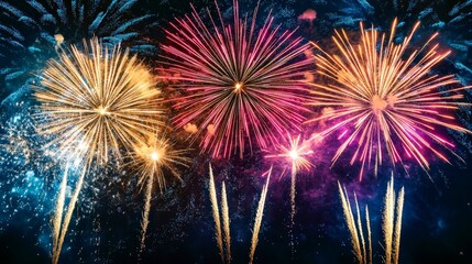Colorful festive fireworks exploding in night sky, vibrant celebration festival holiday background
