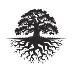 Detailed Oak Tree Silhouette Illustration with Extensive Root System and Leafy Canopy Design