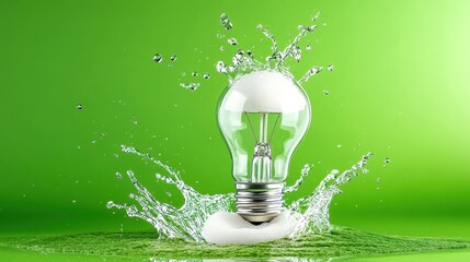Wall Mural - Light bulb splashing in water, green background.