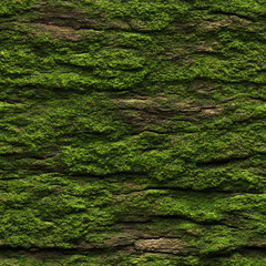 Closeup texture of vibrant green moss growing densely on aged tree bark in a natural forest setting
