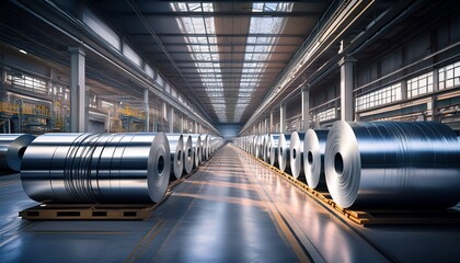 massive rolls of aluminum line the aisles in a vast factory showcasing industrial strength and production scale