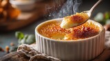 Hot creme brulee with a crispy caramel crust, fresh out of the oven, is a sweet delight on a spoon. Enjoy this delicious homemade dessert.
