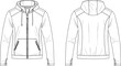 © Ashik Creatives - Vector technical flat sketch of a zip-up hooded jacket with zippered pockets, thumb holes on cuffs, elastic hem, detailed front and back views.