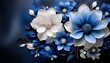 © Mariah - delicate blue and white abstract flowers on a dark background