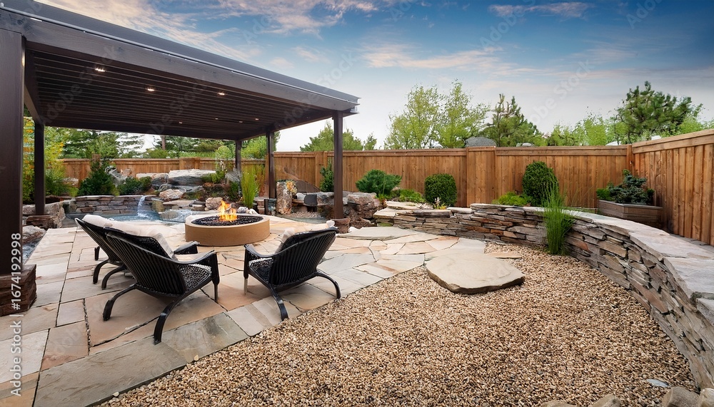 a beautifully designed backyard hardscape featuring stone patio fire ...