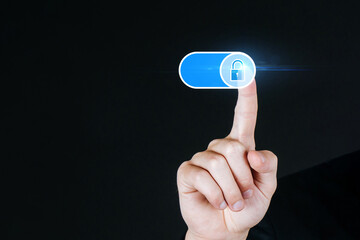 Wall Mural - Data Protection. business people hand touch on digital lock button on on dark background, anti virus, firewall, cybersecurity, backup storage management, internet network technology concept