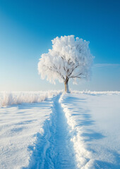 Wall Mural - Snowy field with a lone tree
