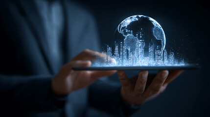 businessman holding a tablet displaying a glowing digital globe with binary code