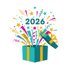 Festive 2026 Celebration with Gift Box and Confetti Explosion
