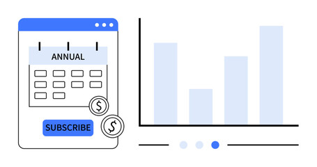 Digital calendar interface highlighting annual label, subscribe button, coins, and bar chart comparison. Ideal for finance, subscription, analysis, forecasting, budgeting growth insights simple