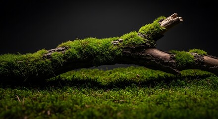 A textured moss covered branch resting on a bed of lush green moss