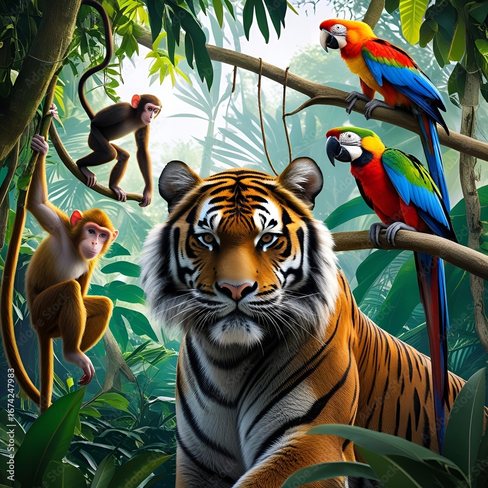 Majestic tiger dominates lush jungle scene with monkeys and parrots ...