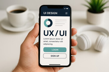 Hand holding smartphone displaying UIUX design with login and sign up buttons and coffee cup mobile phone