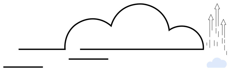 Minimalist cloud outline with lines and upward arrows representing data flow, storage, scalability, and innovation. Ideal for technology, digital transformation, networking, growth, cloud storage