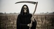 © albert - Grim reaper skeleton stands in field, holding scythe on overcast day