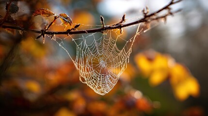 Dew-kissed spiderweb on branch against autumnal backdrop
